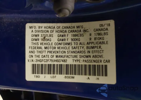 2018 Honda Civic Ex from USA, damaged, VIN 2HGFC2F79JH607482